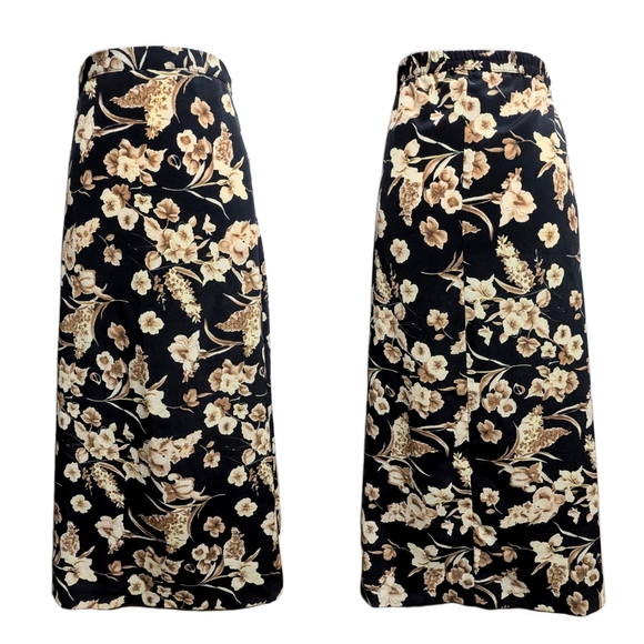 Vintage 90s Intriguing Threads Black and Tan Floral Maxi Skirt Long Black Cream - Picture 1 of 7